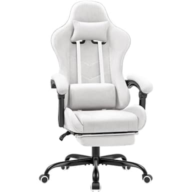 WWI Gaming Chair with Massage Ergonomic Executive Fabric Office Chair with Footrest Adjustable Height Desk Chair 122kg Capacity in Home Office Study Room (Grayish White)
