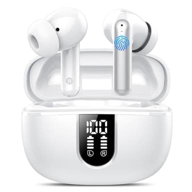 Wireless Earbuds, Bluetooth 5.4 Headphones with 4 ENC Call Noise Cancelling Mics, Bass Boost 85%, 50Hrs Playtime, IPX7 Waterproof, Mini Earbuds for Work, Sleep, Travel, USB-C, White