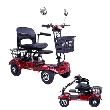 WJSHIPFOR Mobility Scooter for Seniors & Adults - 4-Wheel Folding Mobility Scooter 55km Range, 200kg (440lb) Capacity, Portable for Outdoor Use (Red/Dual Motor)