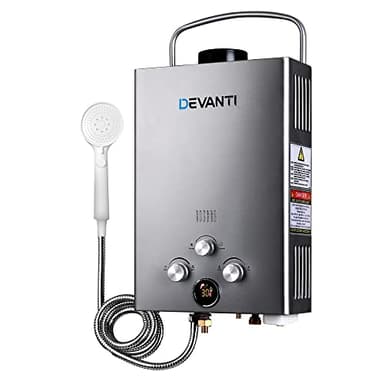 Devanti Gas Water Heater, Portable Instant Tankless Hot Watering System Shower Camping Heaters Indoor Outdoor Room Bath Heating, withLed Display Adjustment Lightweight Grey