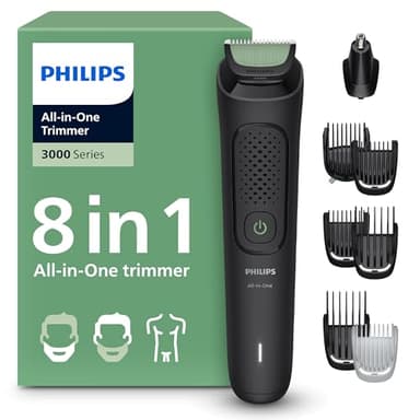 Philips All in One Series 3000 Trimmer 8-in-1 Multigroom Kit for Face, Cuts Hair & Body, Steel Blades, Adjustable 3–7 mm Comb, Ergonomic Grip, Wet & Dry Use, 70 Minute Runtime, MG3940/15