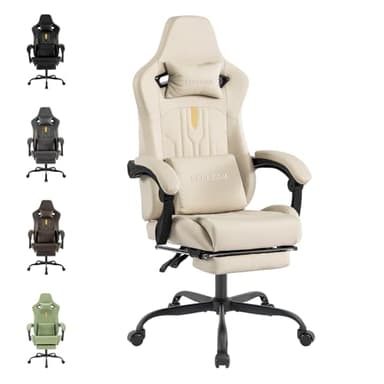 segedom Gaming Chair with Footrest Ergonomic Computer Chair Massage Lumbar Cushion, Racing Video Game Chair Adjustable Rocker Recliner Executive Office Desk Chair Pu Leather for Adults (Beige)