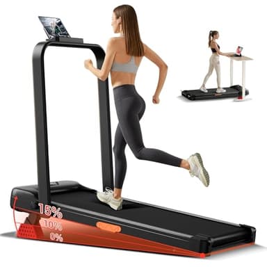 4-in-1 Foldable Under Desk Treadmill with 15% Incline, 2.5HP Quiet Brushless Motor, 130KG Capacity Walking Pad for Home & Office (Black-red)