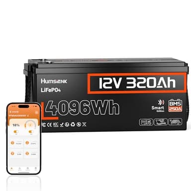 HumsiENK 12V 320Ah LiFePO4 Lithium Battery with Bluetooth, 250A BMS,15000+Cycles 300Ah(320Ah) LiFePO4 Battery, IP65 & Low Temp Protection, 4096Wh Energy Perfect for RV, Off-Grid, Boats, Solar Energy
