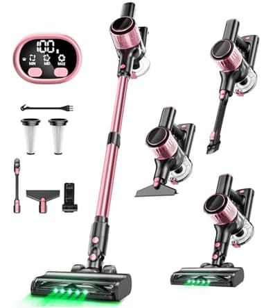 Cordless Vacuum Cleaner, 8 in 1 Powerful Suction Lightweight Vacuum Cleaner for Home, LED Display, 3 Suction Modes, 40Mins Detachable Battery Vacuum for Hard Floor Carpet Pet Hair, Pink