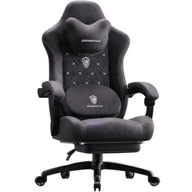 Dowinx Fabric Gaming Chair with Heated Massage Lumbar Support, Breathable Fabric Tall Gaming Chair with Footrest and Pocket Spring Cushion, High Back Gamer Chair for Adult, Black