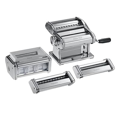 Marcato Atlas 150 Pasta Machine Set w/ 3 Attachments – Chromed Steel Pasta Roller, 6 Pasta Shape Options, 10-Position Regulating Knob for Adjustable Dough Thickness, Secure Clamp - Chrome Finish