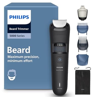 Philips Beard Trimmer 5000 Series - Self-sharpening Metal Blades, 40 Lock-in Settings, BeardSense Technology, Hair Collector, 100% Waterproof, Soft Pouch, Model BT5775/15