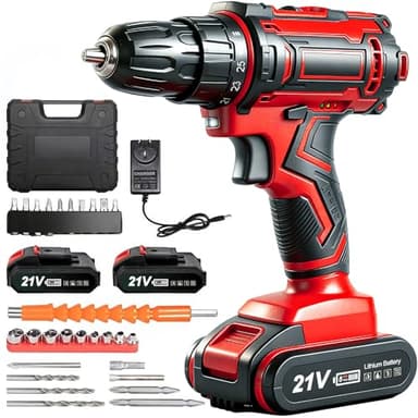 33 Pcs Cordless Drill Set - 21V Electric Drill Driver Kit With 2 Battery, Charger & Case, 28Pcs Screwdriver Drill Bits Sockets Accessories Kit, Variable Speed, 25+1 Torque Settings, 35 Nm