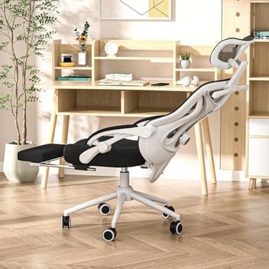 Ergonomic Office Chair with Footrest - Adjustable Lumbar Support & Headrest, 90-160° Reclining Mesh Back Computer Chair - Home Office/Gaming, 330lbs Capacity (SGS Certified) (Black-White Frame)