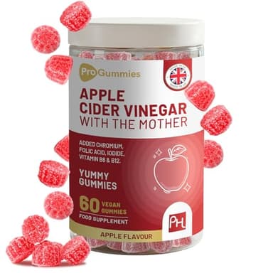 Apple Cider Vinegar Gummies with The Mother 1000mg | Enhanced with Vitamin B12, Vitamin B6, Folic Acid, Chromium, Iodine | 60 Vegan ACV Gummies (not Capsule) | Apple Flavours | Made in UK by Prowise