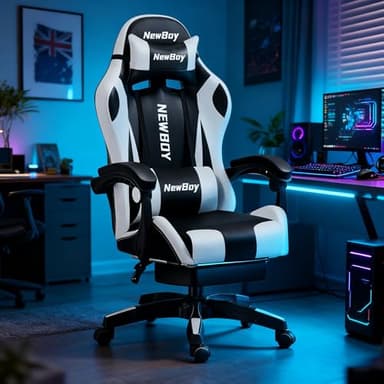 Gaming Chair, Ergonomic Office Chair - PU Leather Reclining Chair with footrest, headrest and Lumbar Support, Height-Adjustable, Suitable for Gaming/Office scenarios (Model 06, Black and White)