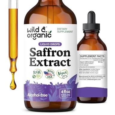 Wild & Organic Saffron Tincture - 88.5 mg Saffron Extract Drops for Mood, Focus, Eye Support - Crocus Sativus Liquid Extract - Vegan, Alcohol & Sugar-Free Supplement - 4 fl oz