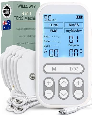 Willowly TENS EMS Machine for Pain Relief - AUS Owned - 4 in 1 TENS Machine for Muscle, Joint & Body Pain - EMS Muscle Stimulation & Massage - Relax & Restore Comfort