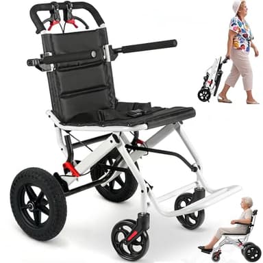 Lightweight Foldable Wheelchairs for Adults Transport Chair with Telescopic Handle, 21lbs Portable Folding Travel Transfer Wheel Chairs for Seniors, 12" Rear Wheels