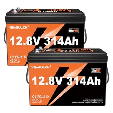 2 packs 12V 300Ah (314Ah) LiFePO4 Lithium Battery 4019Wh 15000+ Deep Cycle Low Temp Cut-Off Rechargeable RV Battery Perfect for Off Grid Applications Camping Marine Boat Solar System