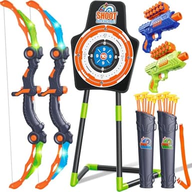 GMAOPHY 2 Pack Bow and Arrow for 5 6 7 8 9 10 11+ Year Old Boys, Birthday Kids, Indoor Outdoor Activity Toys, LED Light Up Archery Toy with 20 Suction Cup Arrows, Standing Target & 2 Quiver